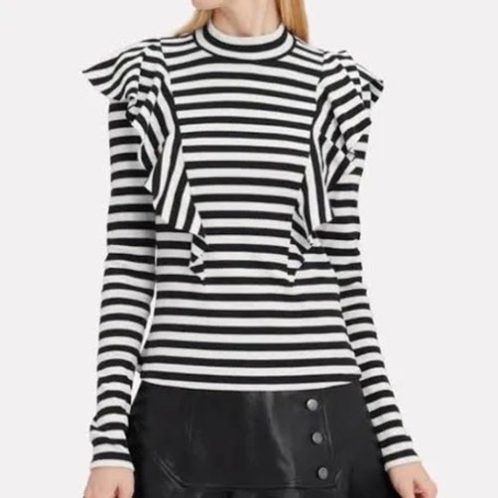 Veronica Beard Jeans Womens XS Black White Striped Ruffle Ribbed Long Sleeve Top